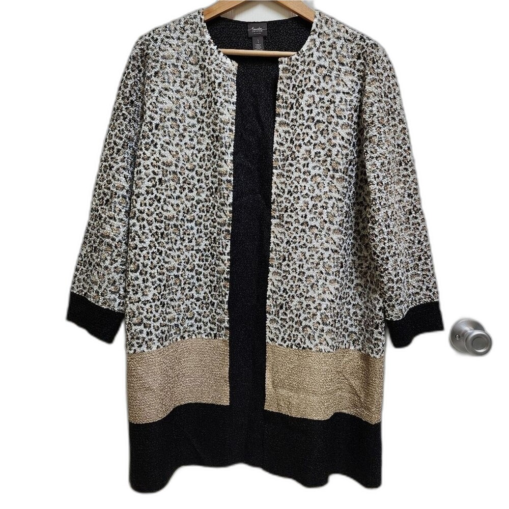 Chico's Women M Animal Print Color Block Open Longline Cardigan Sweater Traveler